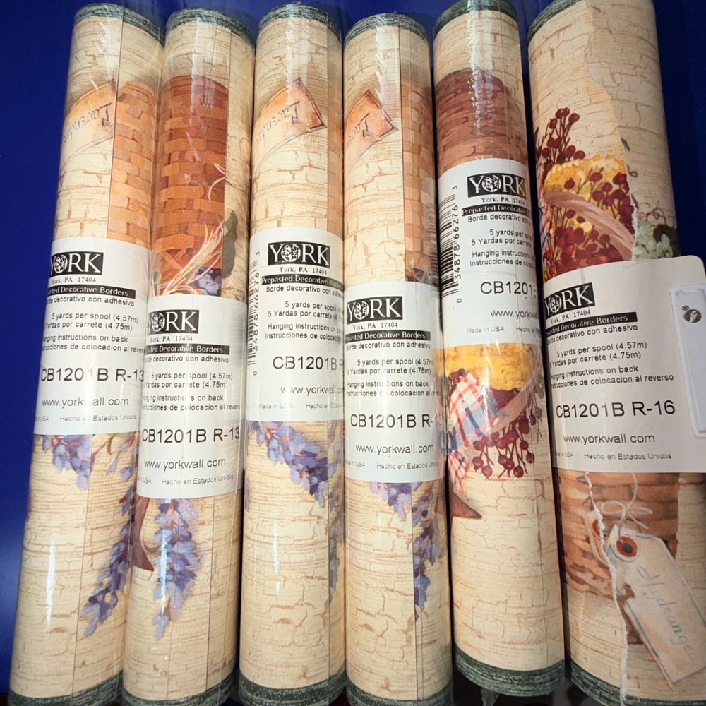York Prepasted Wallpaper Border Floral Baskets Lavender 6‎ Rolls CB1201B R-16